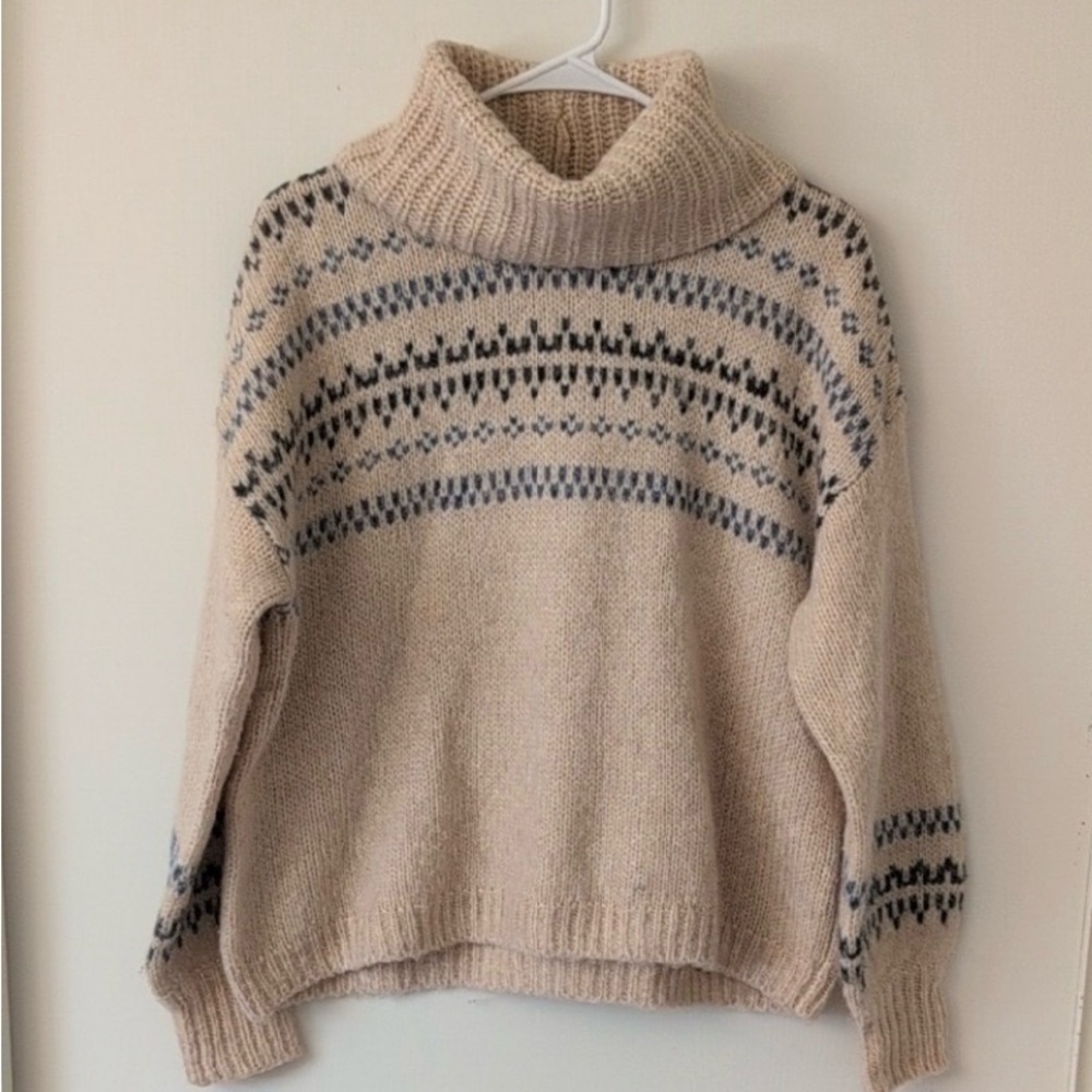 Madewell Fair Isle Turtleneck Sweater Cream Nordic Chunky Knit Size S